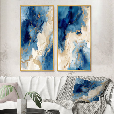 " Blue And Gold Marble Clouds IX " 2 - Pieces