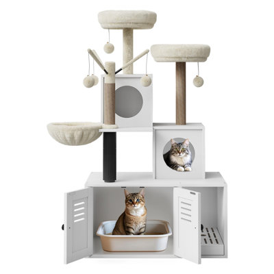 Cat Tree with Litter Box Enclosure, Multi-Level Wooden Cat Tower with Hidden Litter Box & Condo, Sisal Scratching Posts, Plush Perch and Toys, Modern Cat Furniture for Indoor Cats, White