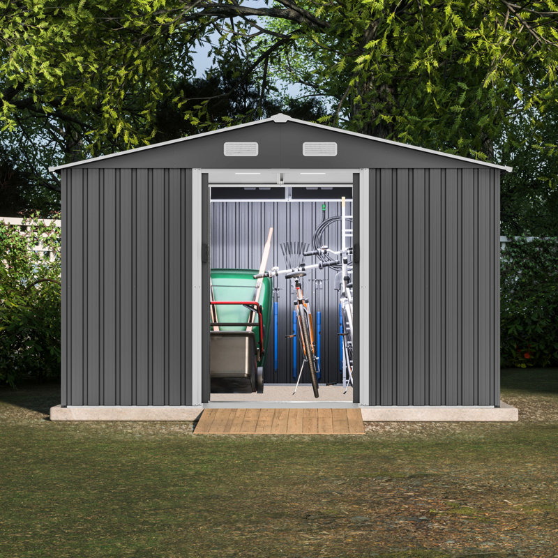 Grey Metal Storage Unit 10x8 Ft, Lockable For Backyard Outdoor Shed Ft With Construction, 75.06" H x 117.33" W x 95.32" D