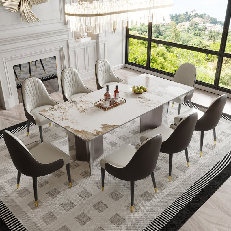 Ensemble de table de salle à manger moderne en pierre frittée avec 8 chaises en similicuir, Pandora, Beige/Dark Brow