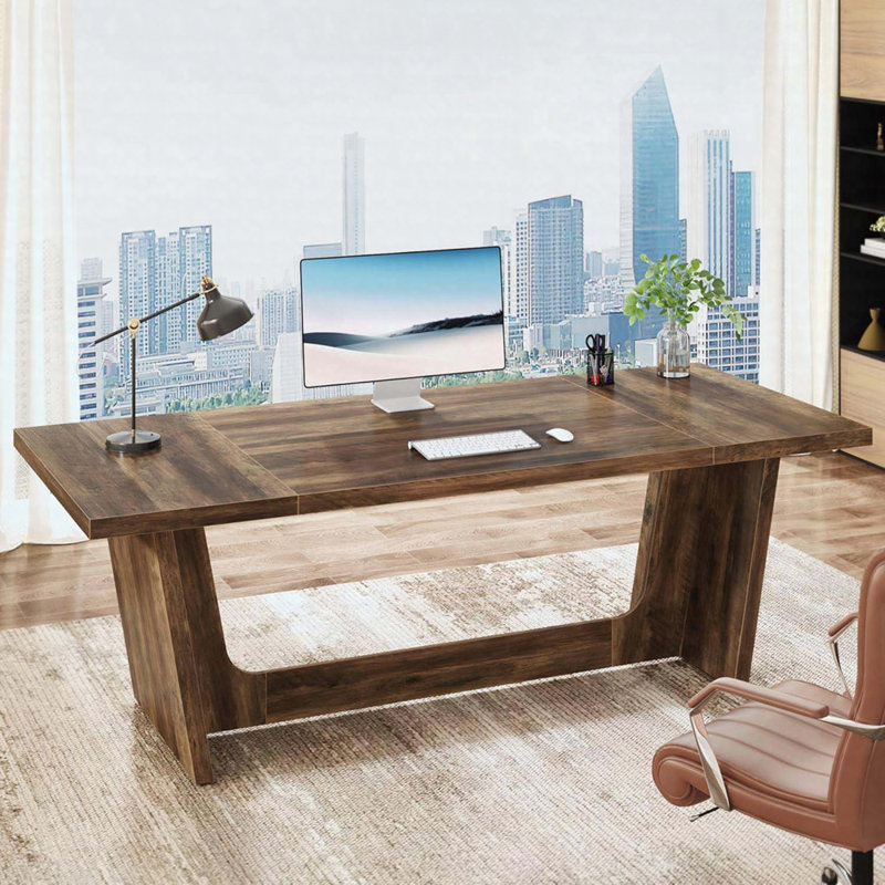 Bureau de direction 71 po avec piédestal en bois massif, poste de travail industriel rustique