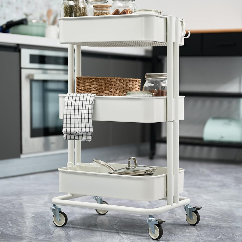 Chariot de rangement mobile en métal à 3 niveaux - Chariot de rangement multifonctionnel, Blanc