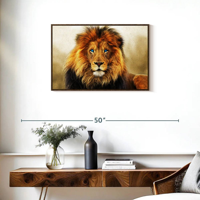 Lion aux yeux bleus, Cadre flottant en noyer, 31 po x 21 po