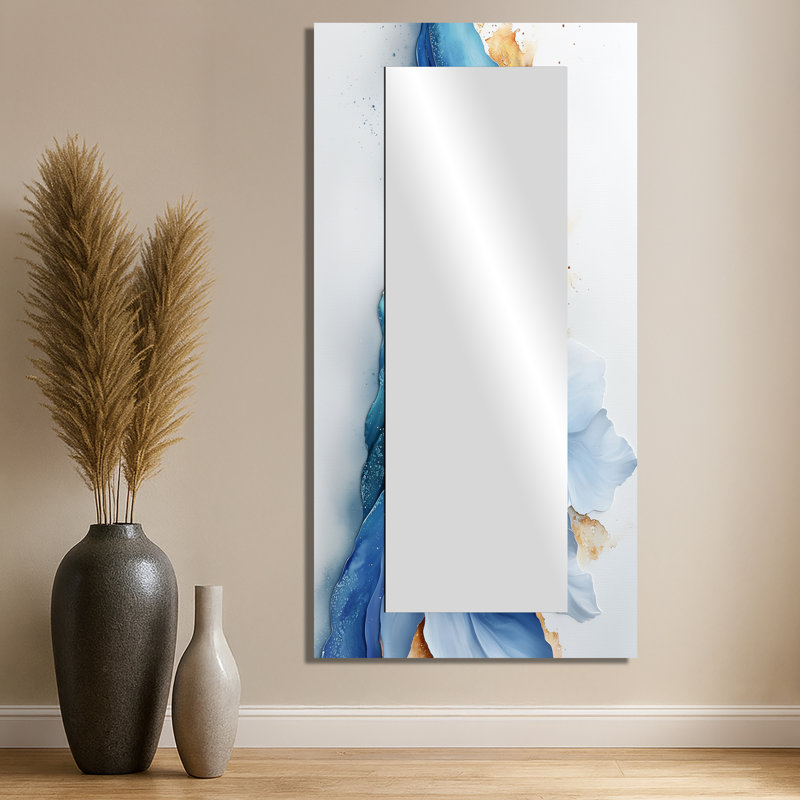 «Ocean Blue Delicate Floral Petals II» - Miroir de fleurs pour décoration murale - imprimé sur métal, 28 po x 55 po