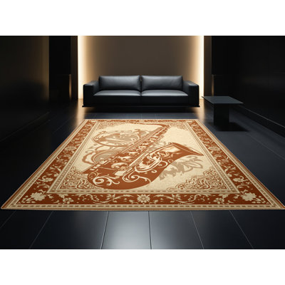 Tapis oriental classique beige et saxophone lavable à la machine Orfelinda
