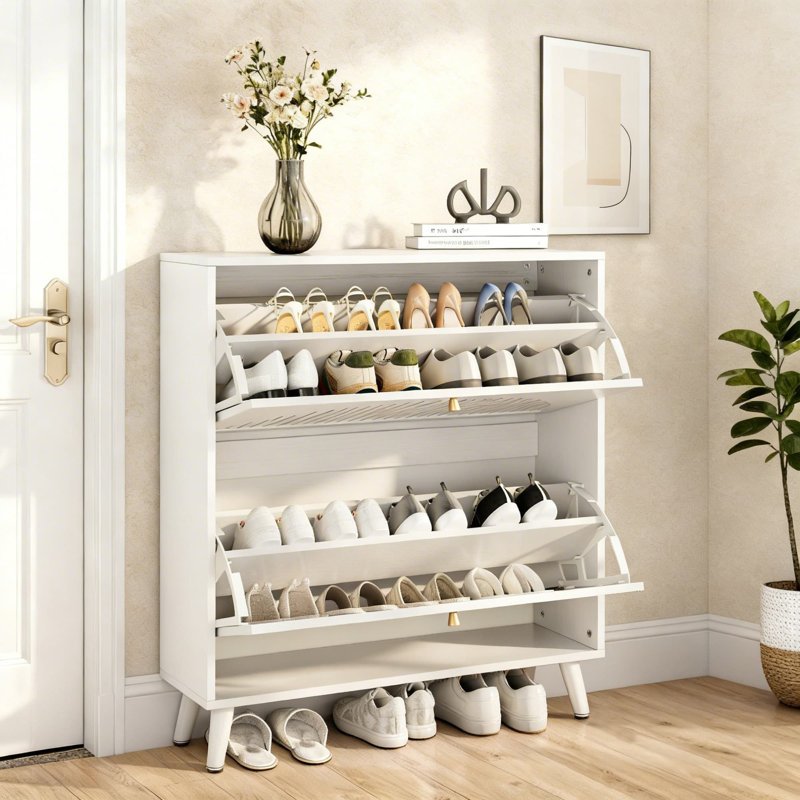 Range-chaussures 16 paires avec 2 tiroirs rabattables et tablettes réglables, range-chaussures autoportants avec motif cannelé