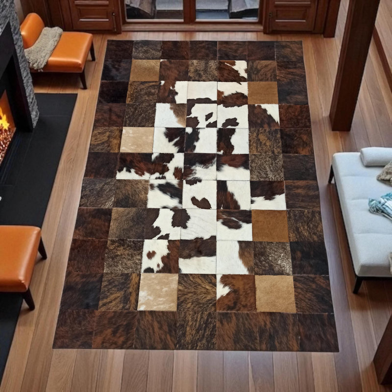 Tapis tricolore en cuir de vache patchwork_10 x 14 pi, Rectangle 10 pi x 14 pi