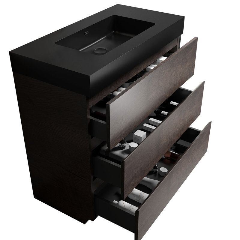 36" Bathroom Vanity - Black Sink Basin, Pre-Assembled, Stylish Walnut , Elegant Smooth Operation, Walnut, Black, 35"