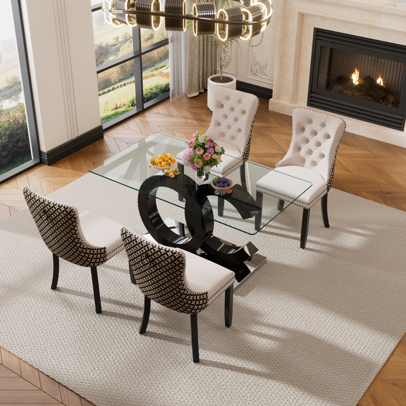 Sinta 4 - Person Pedestal Dining Set, Beige, Black