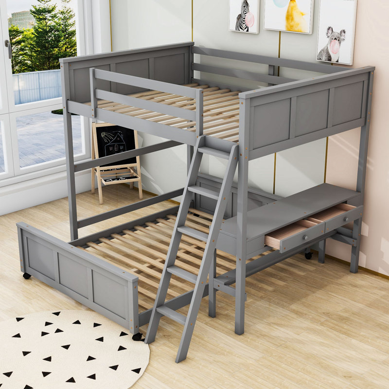 Jathon Wood Bunk Bed With Desk And Two Drawers, Full Over Full, Gray