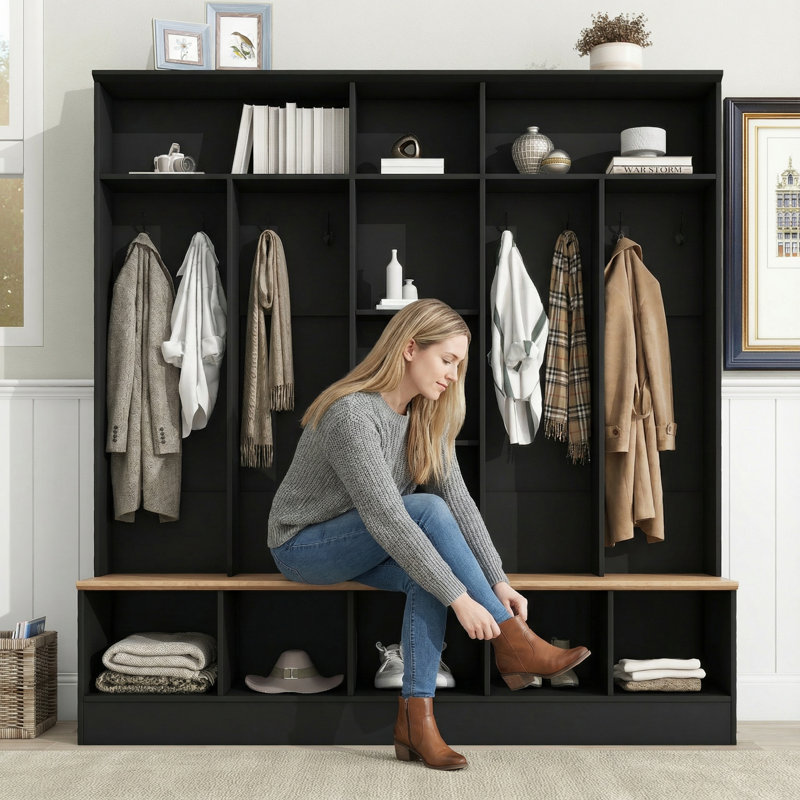 Portemanteau large avec banc de rangement, espace de rangement cubique et tablette, portemanteau multifonctionnel, convient à l'entrée, vestibule, noir