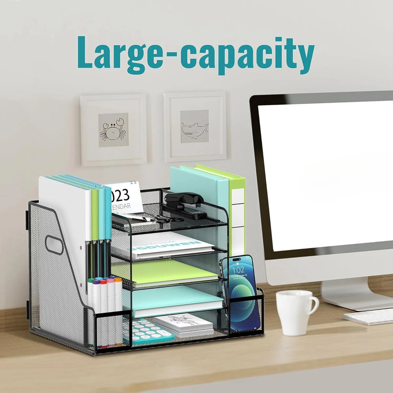 Organisateur de bureau en maille métallique à 5 niveaux avec 2 porte-classeurs, organisateur de papier, Noir