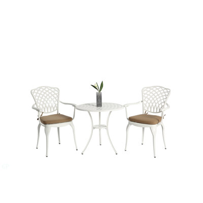 3 Piece Patio Bistro Set Cast Aluminum Bistro Table And Chairs Set Of 2 With Umbrella Hole,All Weather Metal Bistro Table Set,Outdoor Patio Furniture Set For Garden With Cushion White