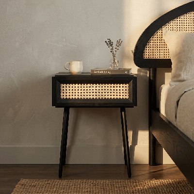  NTC Solid Drawer Face Lulu Nightstand with Natural Rattan Drawer, Mid-Century Side Table for Bedroom, Bedside Furniture, Nightstand, End Table – Waterproof, Heat Resistant, and Easy to Assemble