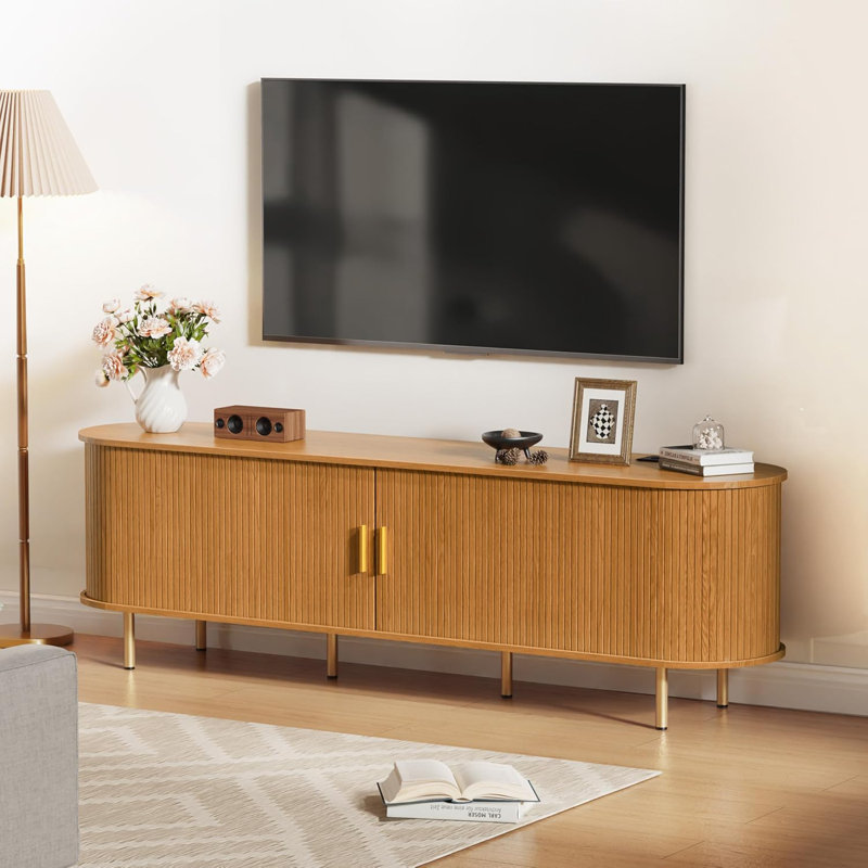 71" Mid-Century Tv Stand W/ Power Outlet | Fits 75" Tvs, Sliding Doors & Adjustable Shelves, 21.7" H x 70.8" L x 15.75" W