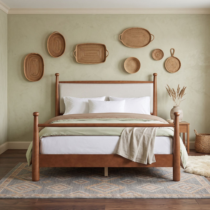 Base de lit plateforme en bois avec tête de lit tapissier et lattes, pieds, Grand lit