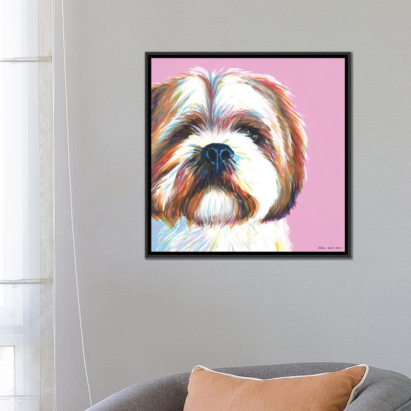 «Shih Tzu On Pink, Square» par Kirstin Wood, impression sur toile, H 26 po x l 26 po x P 1,5 po, Toile tendue, Pas de tapis