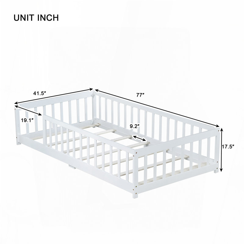 Lit simple au sol avec clôture sans porte, lit en bois d'hévéa avec garde-corps de sécurité, blanc, Blanc