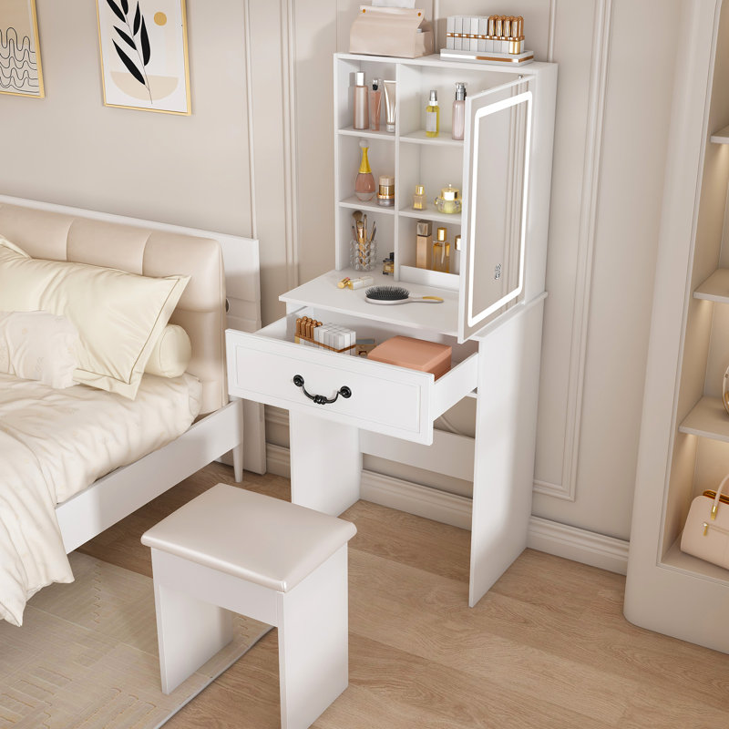 Mini coiffeuse moderne avec miroir à luminosité réglable, rangement intelligent, tablettes à plusieurs niveaux et tabouret rembourré blanc