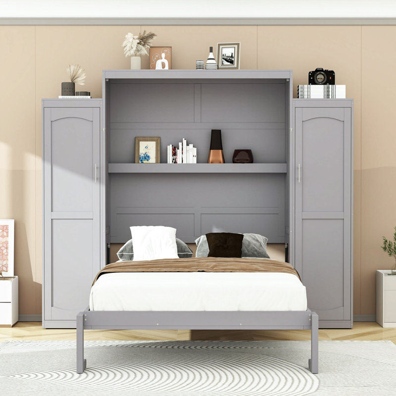 Lit escamotable avec armoires et tablettes Murphy, conception pliable multifonctionnelle, Gris, Grand lit