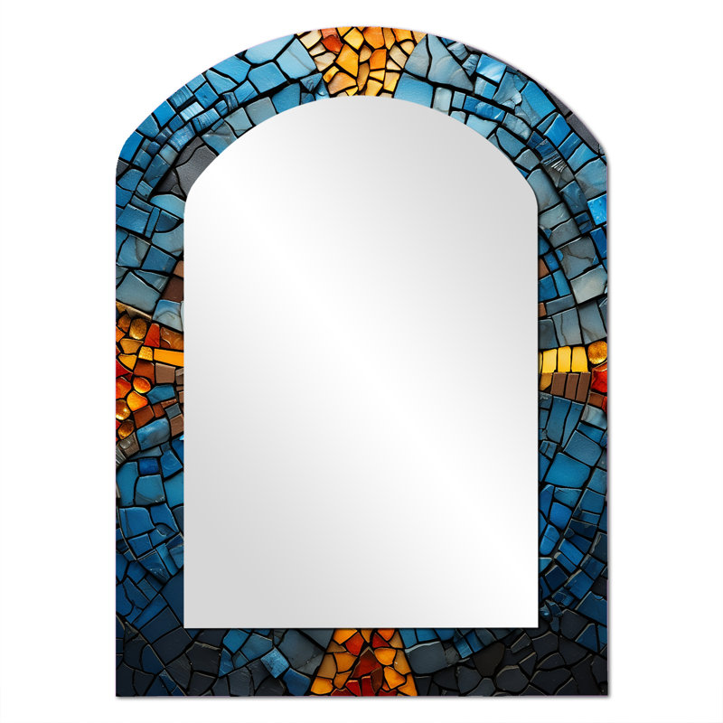Yellow And Blue Mosaic Tiles I - Boho Mosaic Arch Decorative Mirror, Bohemian Asymmetrical Wall Mirror, Printed Metal Art