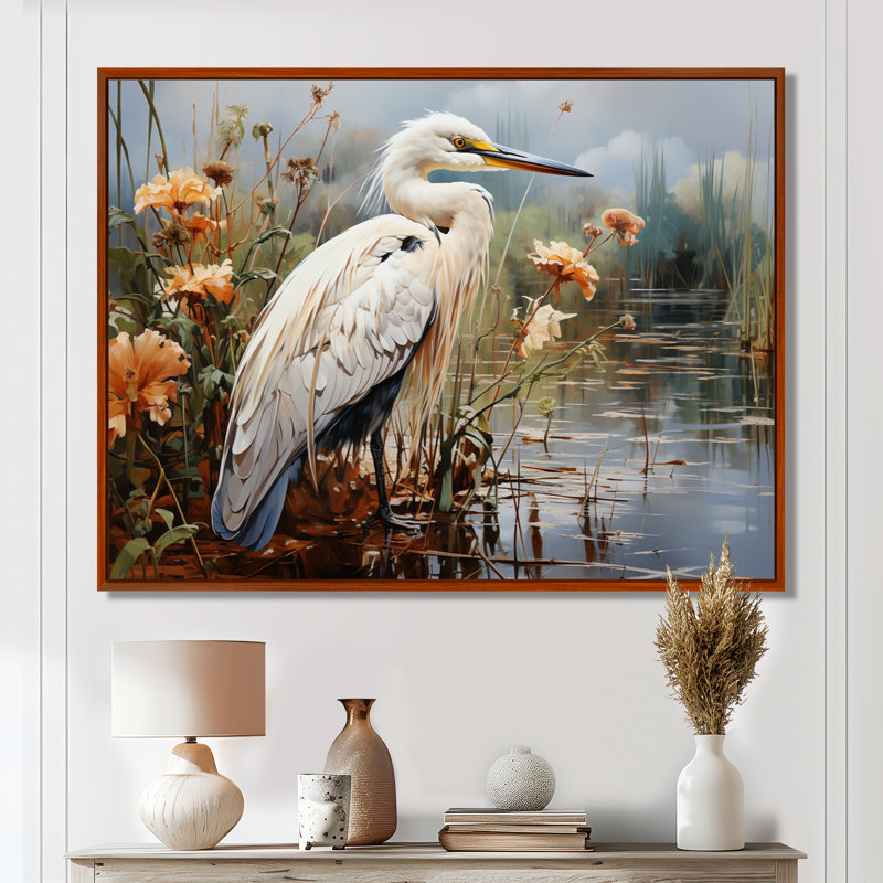 Héron pêche blanc, héron, art mural, H 24 po x l 32 po x P 1 po, Cadre flottant brun