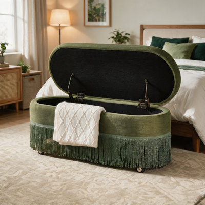 Repose-pieds ovale rembourré avec rangement à franges et couvercle relevable - L 39 po x l 16 po x H 17 po, repose-pieds multifonctionnel et rangement caché pour le salon ou la chambre à coucher - Tissu vert avec structure en métal