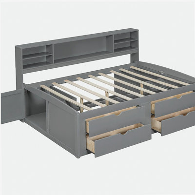 Full size wooden sofa bed with two nightstands, upper shelf and 4 drawers, grey