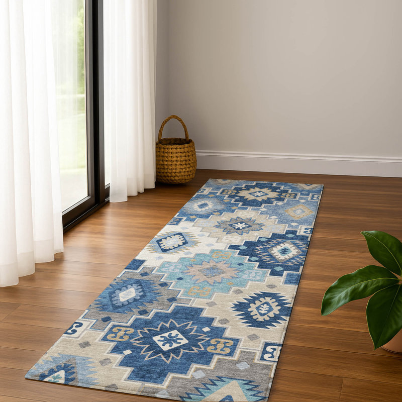 Premium Machine Washable Mayfield  Ethnic Rug, Blue, 2'3" x 7'6" Runner