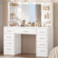 Large Dressing Table with LED Lighting and Sockets, Vanity Desk with Mirror, Drawers, Storage Shelves and Jewellery Hooks, Vanity for Bedroom, White-1050201341