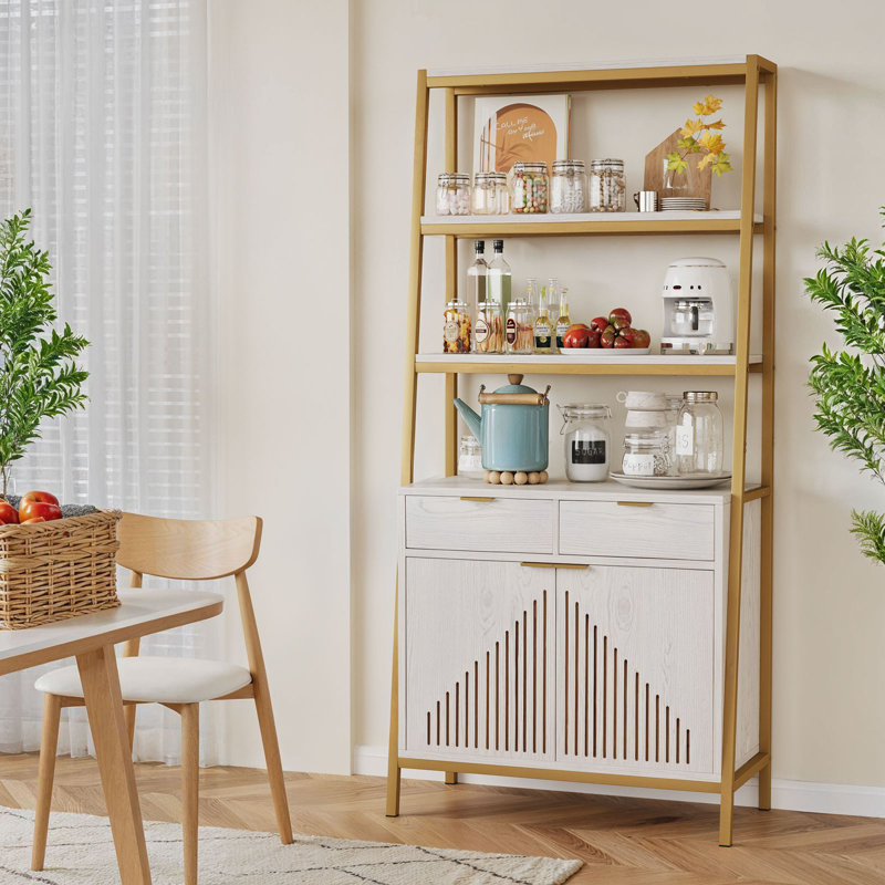 Elegant White and Gold 69" Tall Bookcase with Doors and Drawers
