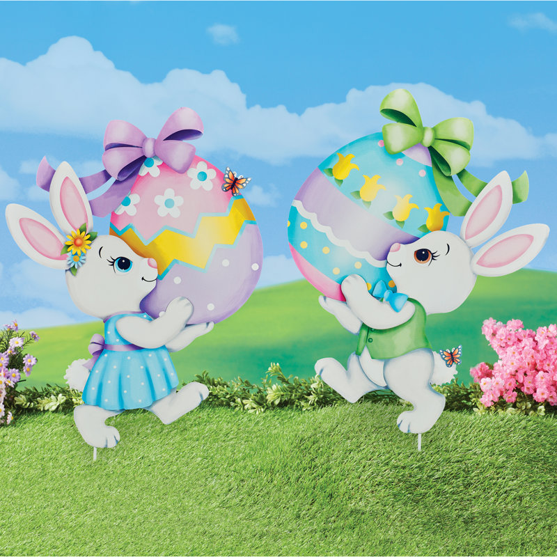 Adorable Bunny with Purple Easter Egg Garden Stake