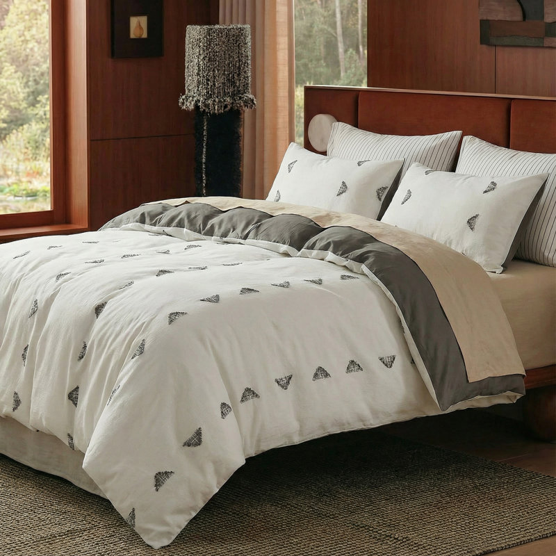 100% Cotton Tufted Duvet Cover King Size, Embroidered Boho Bedding Set with Pillowcases, 3-Piece Soft Breathable Natural Cotton Comforter Cover, Minimalist Neutral Grey Design