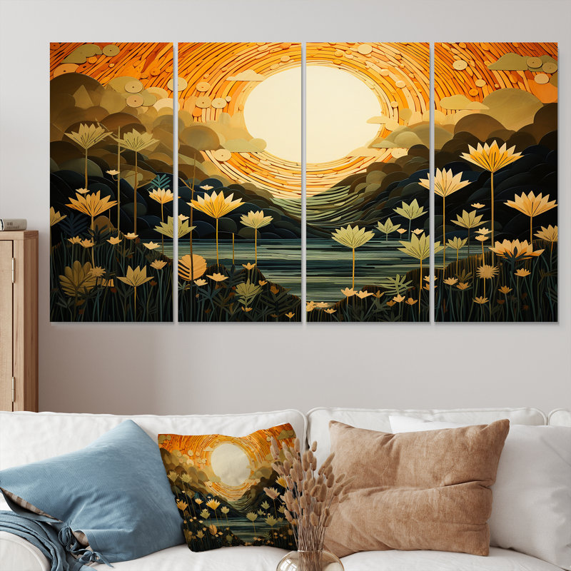 «Spring Flowers Full Moon Lake - Wildflowers», art mural sur toile 4 pièces, H 28 po x l 48 po