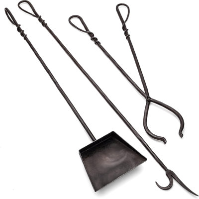 Ensemble d'outils de foyer 3 pièces Kings County Tools - Outils de foyer en fer forgé à la main avec tisonnier très long de 44 po, pinces de 28 po et pelle de 36 po - Outils pour foyers, foyers ou poêles à bois