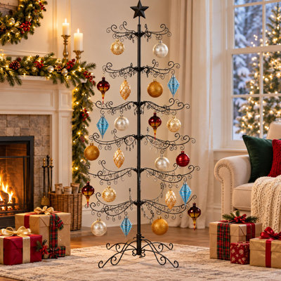 6FT Black Wrought Iron Ornament Display Christmas Tree with Stand
