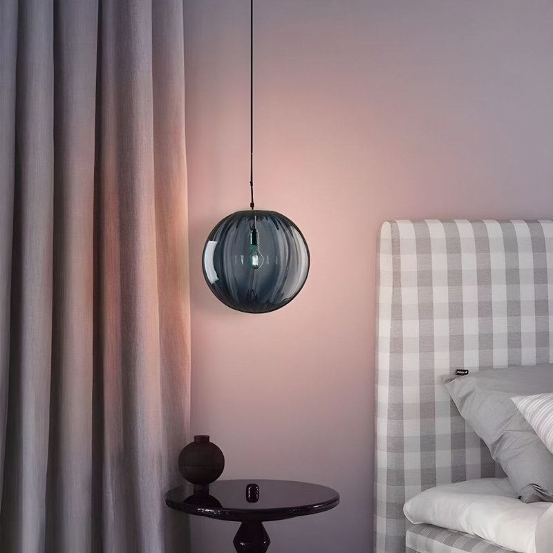 Modern Indoor Pendant Light – Ribbed Globe Glass Shade Ceiling Light for Kitchen, Blue