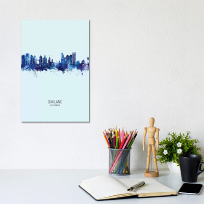 Oakland California Skyline Portrait Dark Blue by Michael Tompsett - Wrapped Canvas Print