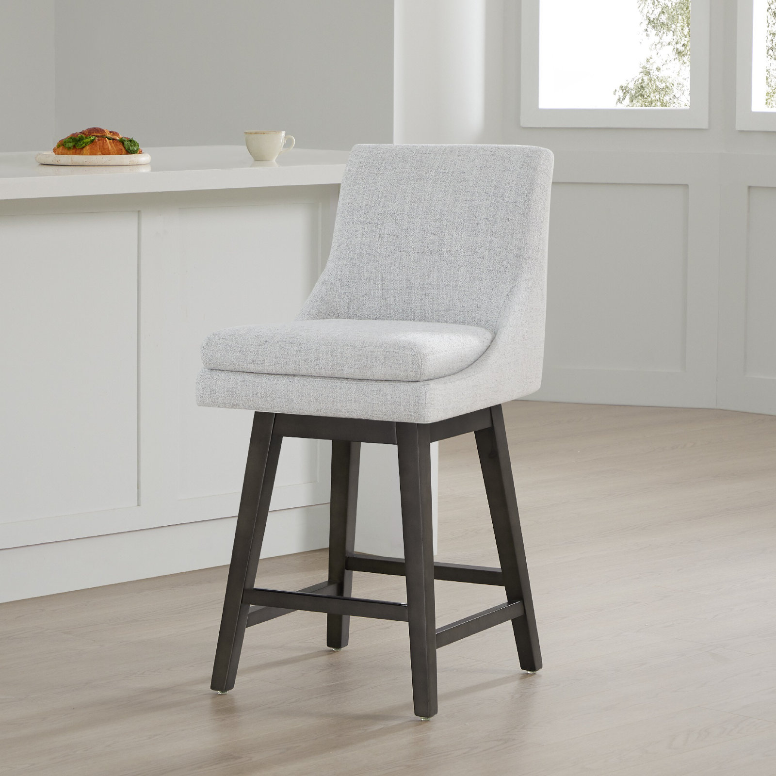 Zahara 26" Upholstered Swivel Counter Stool, Nathan Gray Heathered/Walnut, Counter Stool (26” Seat Height)