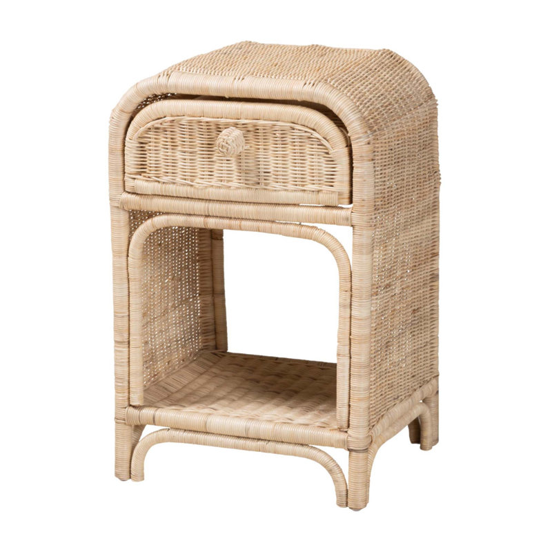 Table de chevet moderne à 1 tiroir en rotin de style bohémien moderne avec détails tissés naturels et rangement spacieux, parfait pour les chambres rustiques