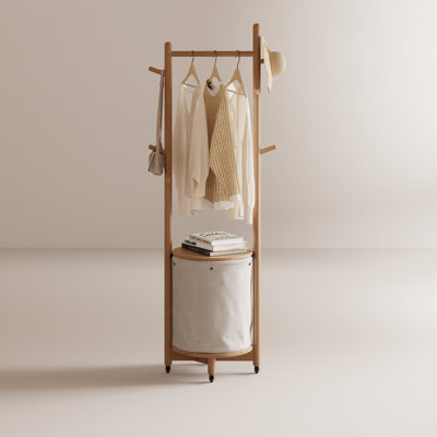 Multifunctional Solid Wood Coat Rack with Removable Laundry Basket – Movable Freestanding Clothes Hanger for Bedroom & Entryway