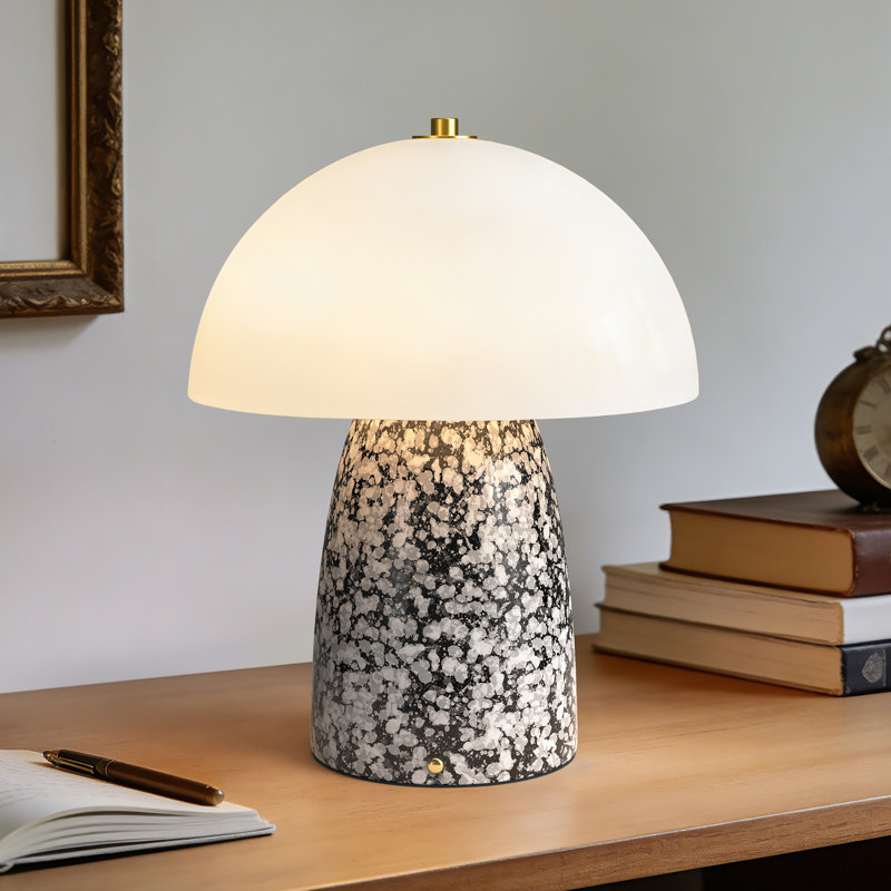  11" Modern Black Mushroom Cordless Rechargeable Ceramic Table Lamp with Touch Control 3-Level Dimming Type-C Charging for Bedroom Living Room Study and Outdoor