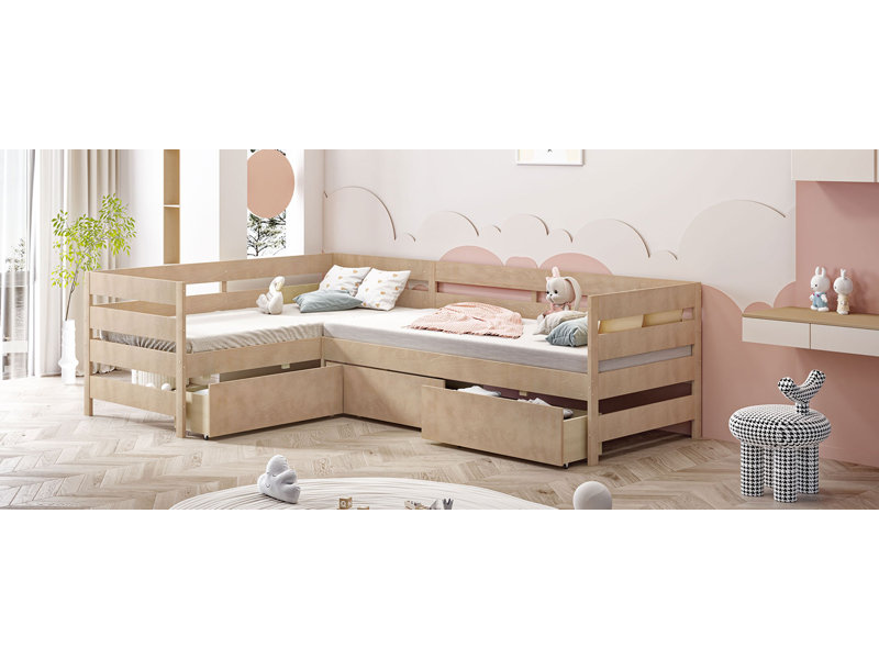 Lit plateforme en L avec tiroirs, Naturel