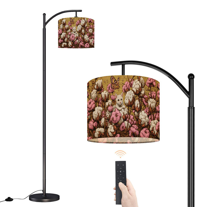 Arc Floor Lamp with Adjustable Lampshade Serene Nature Kittens Sunlit Cotton Flowers Standing Lamp 3 Color Temperatures Dimmable Tall Pole Lamp with Foot Switch for Bedroom