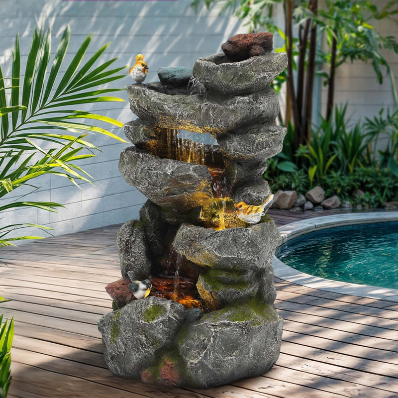 31.5"H 4-Tier Cascading Rock Water Fountain Outdoor Garden Waterfall with Lights