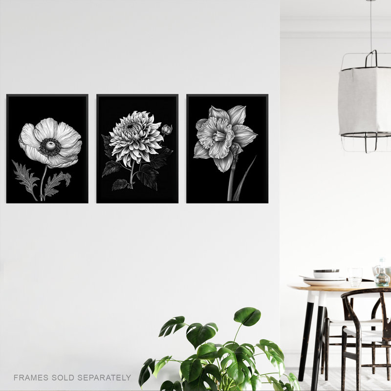 Elegant Single Chrysanthemum Poppy Daffodil Spring Flower - 3 Piece No Frame Print Set, 29.7cm H x 21cm W x 0.4cm D