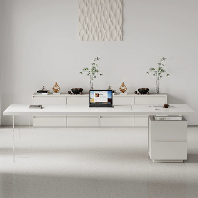 Bureau en chêne massif blanc pur 62,99 "- pieds de support en acrylique transparent, avec tiroir de rangement et trou de gestion des câbles, bureau d'ordinateur minimaliste moderne