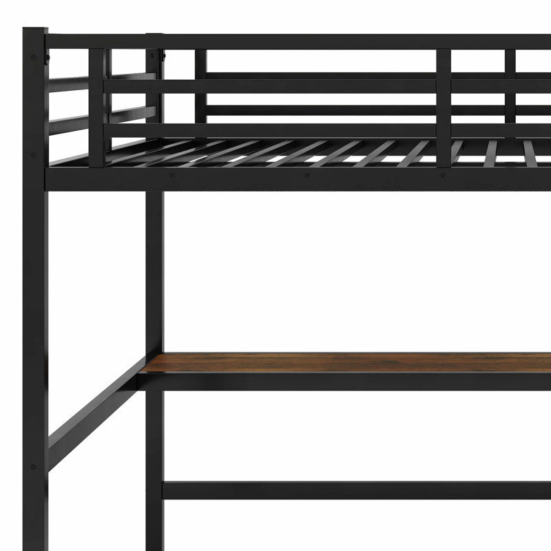 Metal Loft Bed With Power Outlet And LED Lighted, Black/Brown