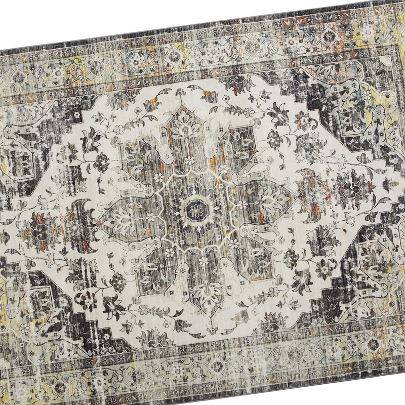 Tapis lavable antidérapant pour tapis de salon Boho, Gris, Rectangle 6 pi x 9 pi
