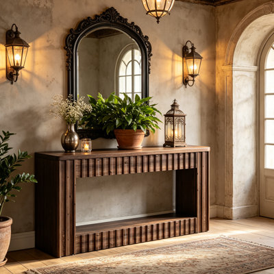 Console en bois massif avec rangement, table d'entrée de ferme de 63 pouces de long, table de canapé derrière le canapé, console de couloir en bois pour le salon, entrée, escalier, brun noyer